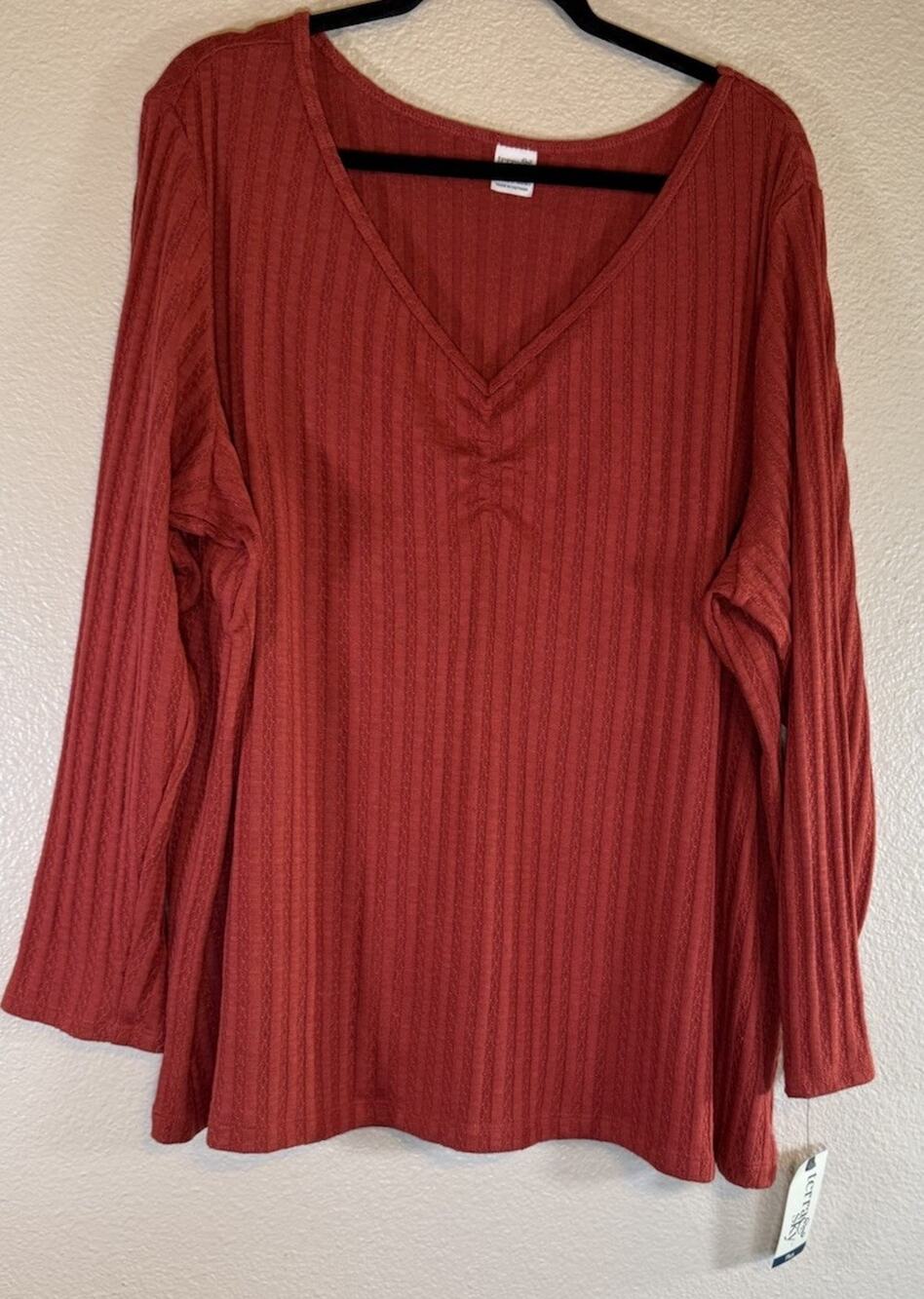 NWT Terra & Sky Plus 3X Pointelle Knit Top Ruched V-Neck Stretch Red Chili